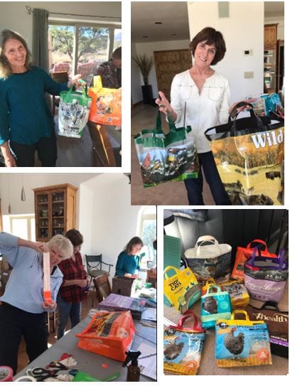 photo collage of volunteers making tote bags from feed bags